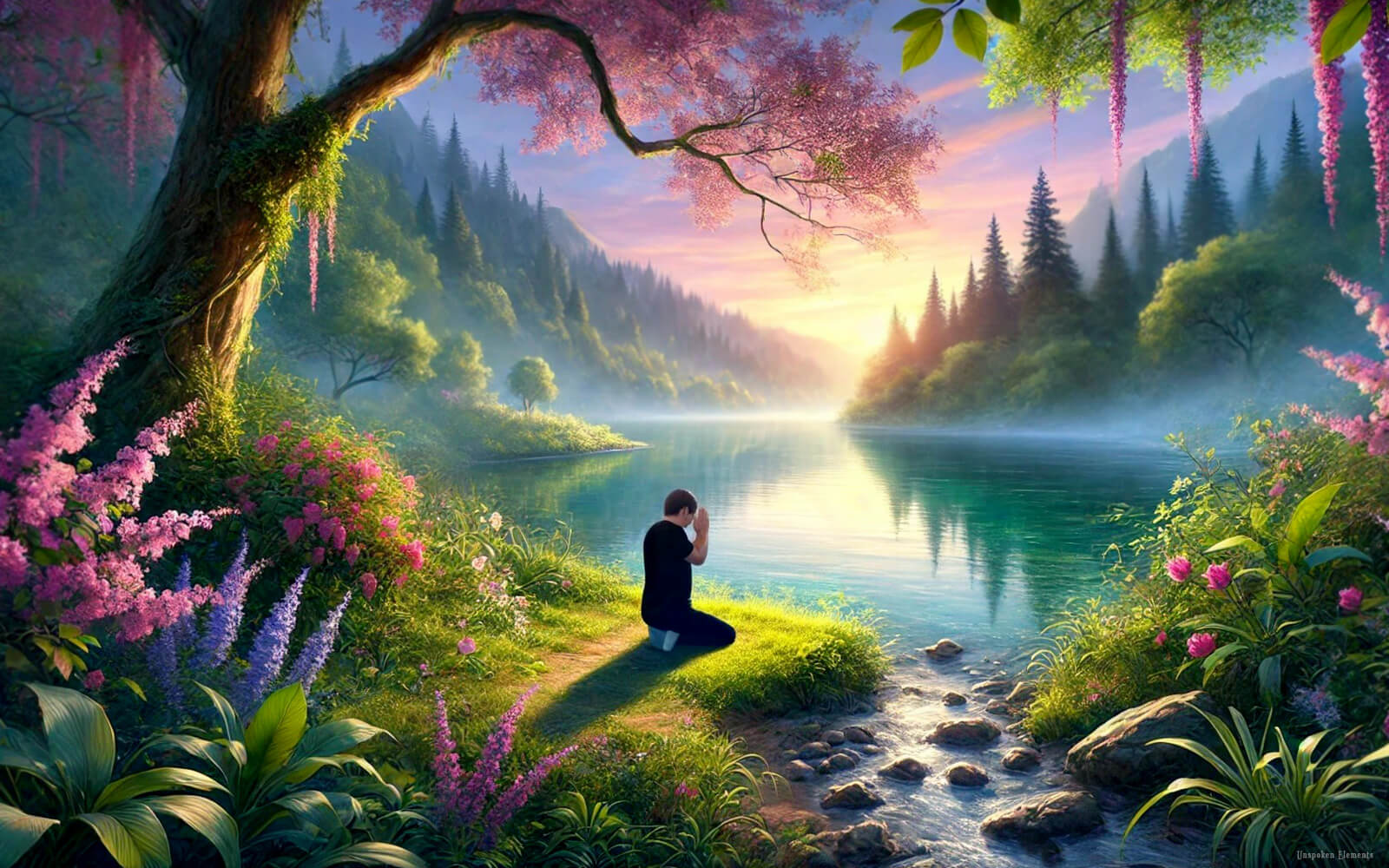 A person prays in a beautiful valley.